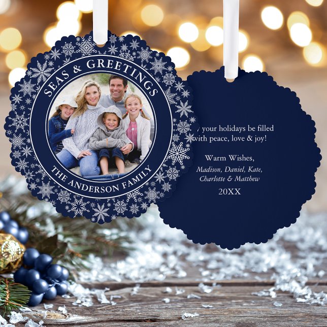 Modern Seas and Greetings Photo Snowflakes Blue Tree Decoration Card (A greeting card that is also an ornament! Customize with your photo and personalized text.)