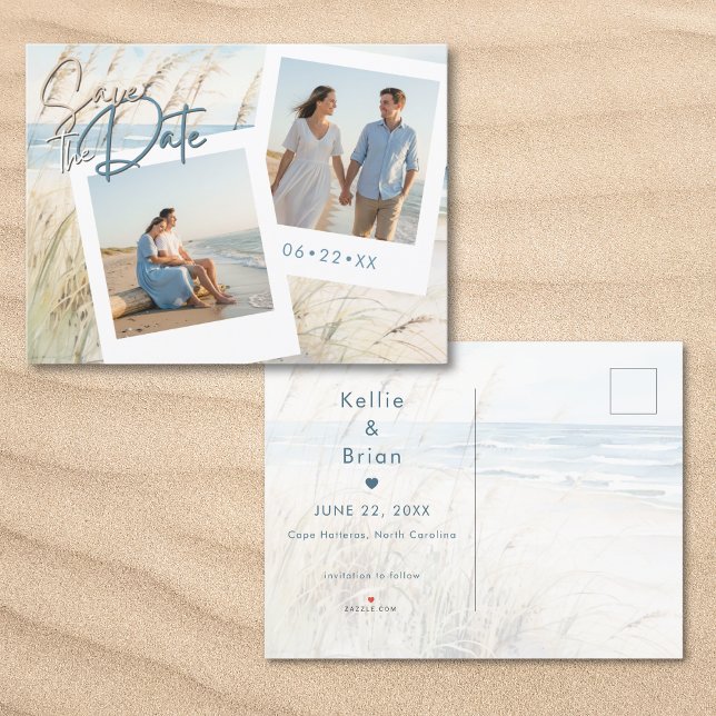 Modern Seaside Watercolor Beach Photo Wedding Announcement Postcard (Modern Seaside Watercolor Beach Photo Wedding Announcement Postcard)