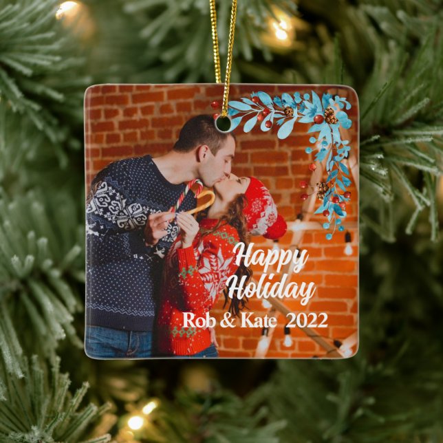 modern seasonal christmas mistletoe holiday photo  ceramic ornament (Tree)