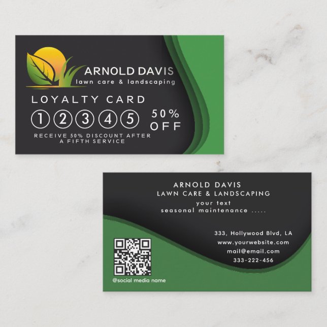 Modern seasonal lawn care and landscaping Loyalty Business Card (Front/Back)