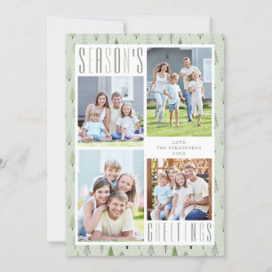 Modern SEASONS GREETINGS 4 Photo Trees Sage Green Holiday Card