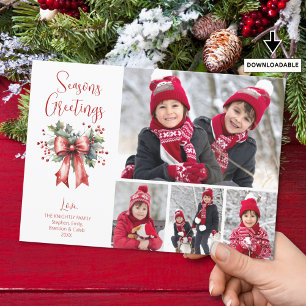 Modern SEASONS GREETINGS 4 Photos Red Bow Script Holiday Card