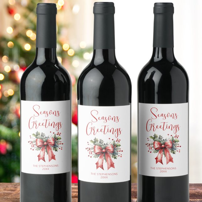 Modern Seasons Greetings Christmas Script Bow Wine Label (Creator Uploaded)
