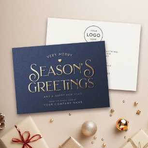 Modern Seasons Greetings Minimalist Blue Business Holiday Card