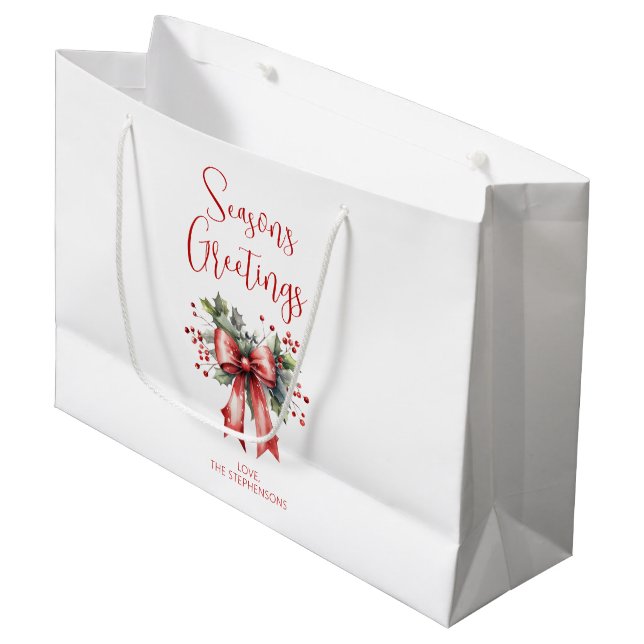 Modern Seasons Greetings Script Holly Bow Name Large Gift Bag (Front Angled)