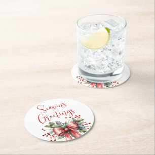 Modern Seasons Greetings Script Holly Bow Red Round Paper Coaster