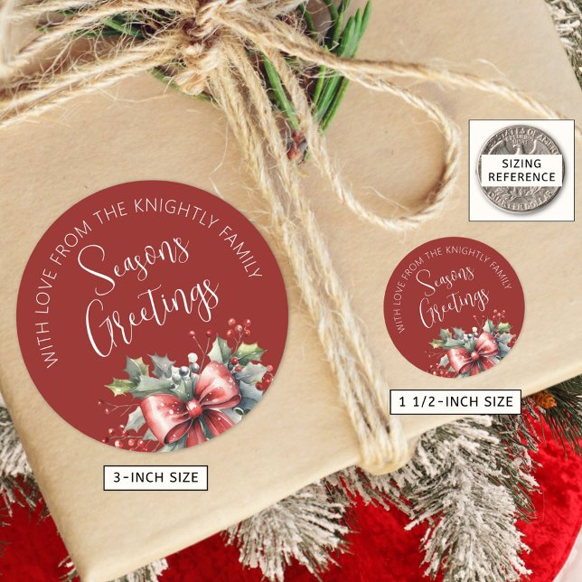 Modern Seasons Greetings Script Red Bow From Name Classic Round Sticker (Creator Uploaded)