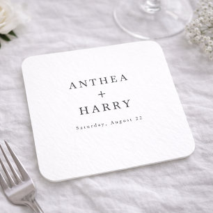 Modern Serif Black White Wedding Paper Coaster