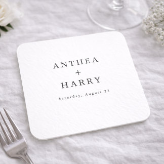 Modern Serif Black White Wedding Paper Coaster