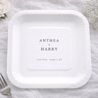 Modern Serif Black White Wedding Paper Plate