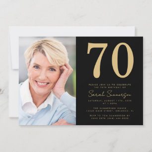 Modern Seventieth Black Gold Photo 70th Birthday Invitation