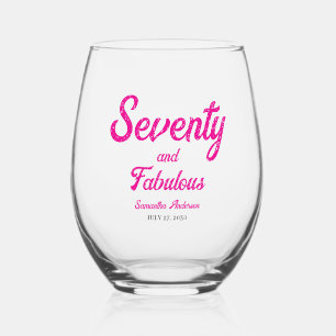 Modern Seventy and Fabulous Pink 70th Birthday Stemless Wine Glass