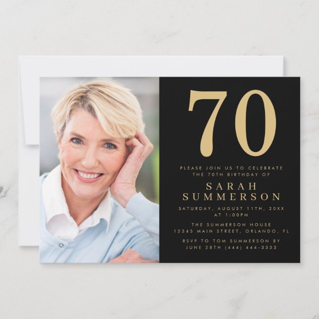Modern Seventy Black Gold Photo 70th Birthday Invitation (Front)
