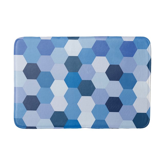 Modern Shades of Blues Whites Hexagonal Geometric Bath Mat (Front)