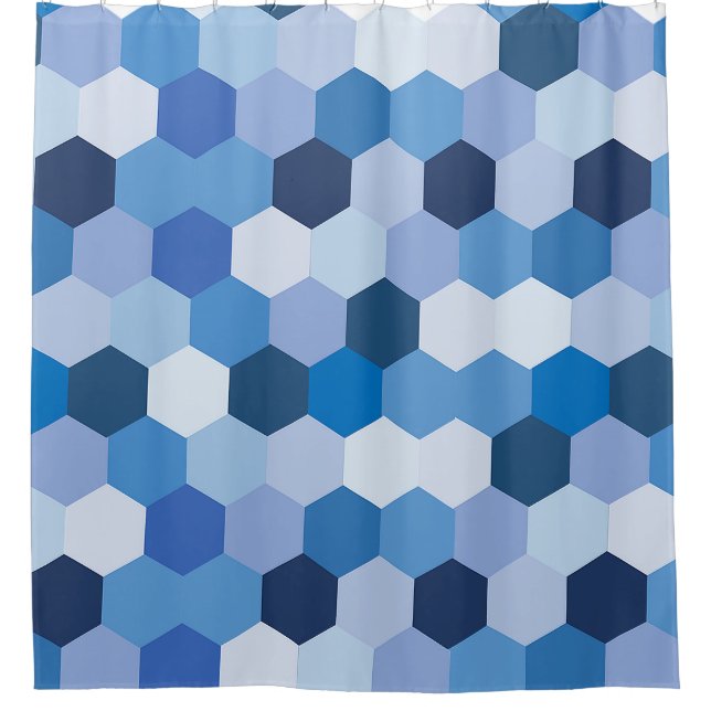 Modern Shades of Blues Whites Hexagonal Geometric Shower Curtain (Front)