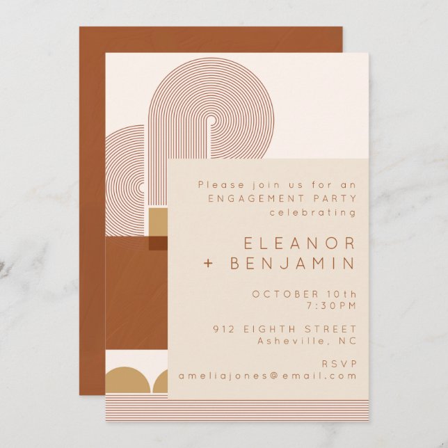 Modern Shapes and Line Terracotta Engagement Party Invitation (Front/Back)