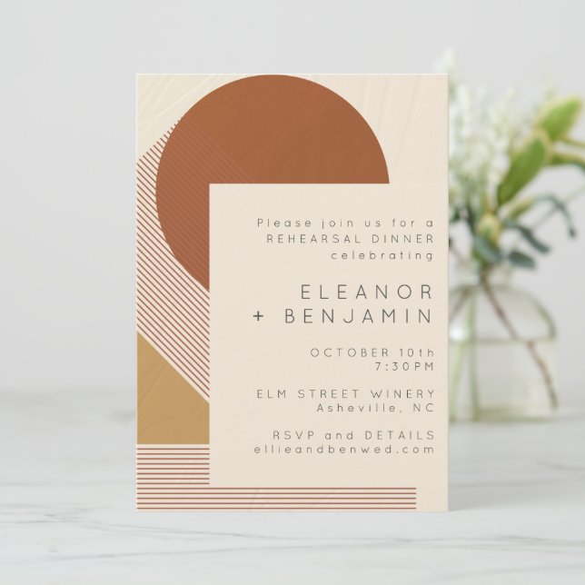 Modern Shapes Lines Copper Gold Rehearsal Dinner Invitation (Standing Front)