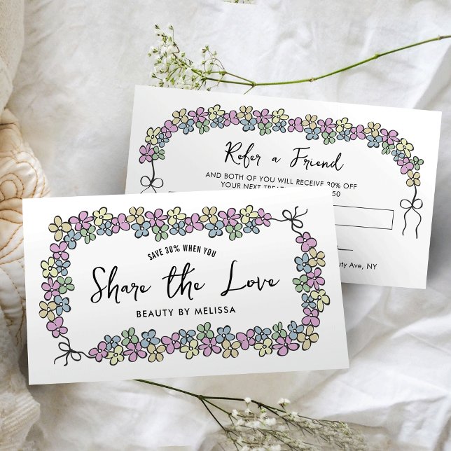 Modern Share The Love Girly Floral Makeup Salon Referral Card (Modern share the love referral cards with hand-drawn flower frame design and modern fonts)