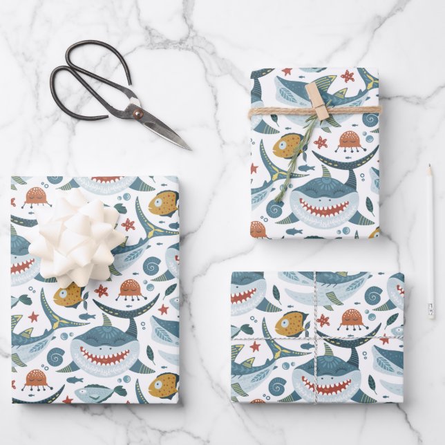 Modern Shark 1st 2nd 3rd Kids Birthday Gifts Party Wrapping Paper Sheet (Front)