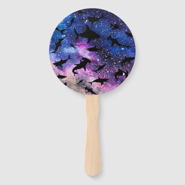 Modern Shark fish gradient colourful galaxy Space Hand Fan (Front)