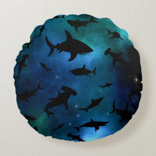 Modern shark fish jaws whale under the sea galaxy round cushion