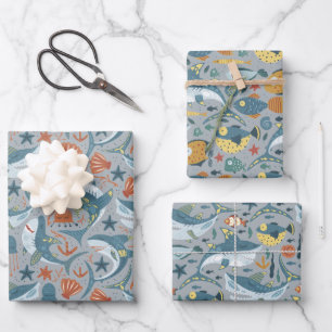 Modern Shark Ocean Under The Sea Birthday Wrapping Paper Sheet