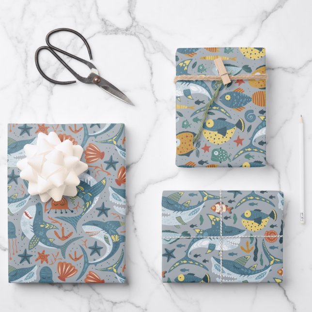 Modern Shark Ocean Under The Sea Birthday Wrapping Paper Sheet (Front)