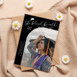 Modern She Believed Black Graduate Curved Photo Announcement<br><div class="desc">Modern and whimsical graduation announcement photo card featuring a curved photo on the front and 1 on the back. The text says "She believed she could,  so she did" with hand drawn stars and a graduation cap. Add the graduate's name,  information,  and message to personalize this card. Black background.</div>