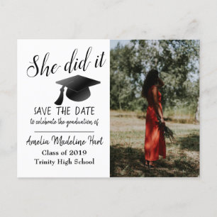 Modern She Did It Save The Date Graduate Photo Postcard