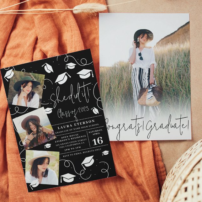 Modern She did it white black photo graduation Invitation (Creator Uploaded)