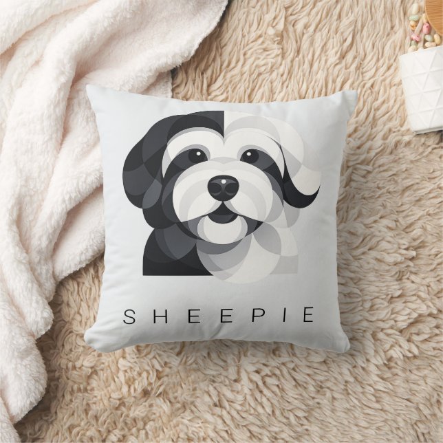 Modern Sheepadoodle Art - Geometric Black & White  Cushion (Blanket)