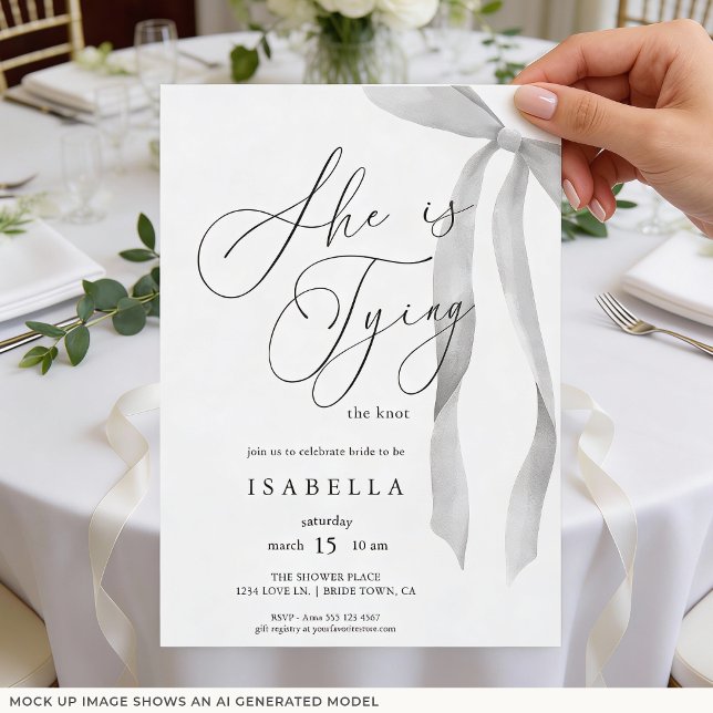 Modern She's Tying The Knot Bow Bridal Shower Invitation (Front of invite shown in 5 x 7 inches, choose size, paper, and corner style.
)