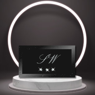 Modern Shimmery Black Sparkling Diamonds Monogram Business Card