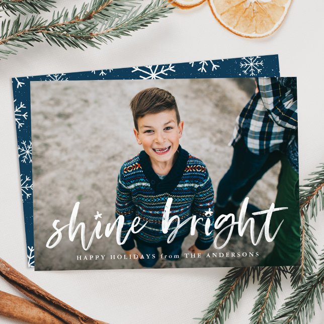 Modern Shine Bright Script Navy Photo Holiday Card (Creator Uploaded)