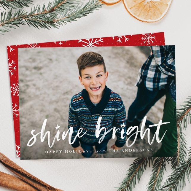 Modern Shine Bright Script Red Photo Holiday Card (Creator Uploaded)