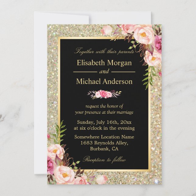 Modern Shiny Gold Sparkles Floral Wedding Invitation (Front)