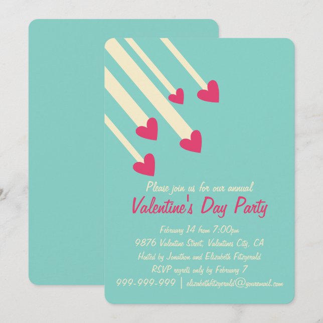 Modern Shooting Star Pink Hearts Valentines Party Invitation (Front/Back)