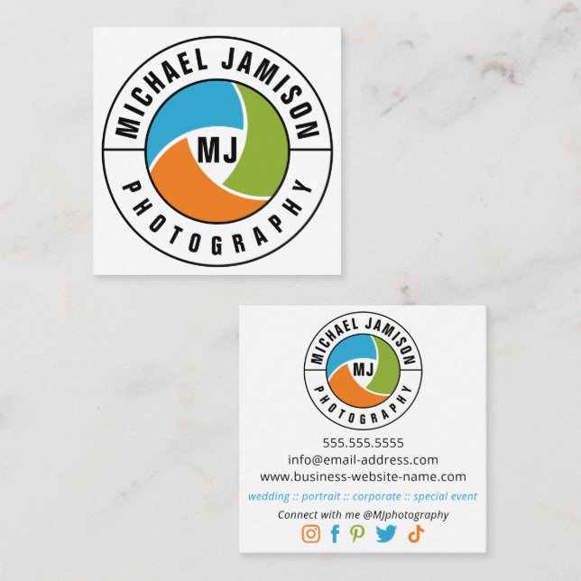 Modern Shutter Photographer Curved Text Square Business Card (Front/Back)