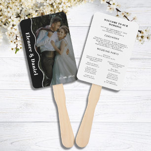 Modern Side Wave Black White Photo Wedding Program Hand Fan