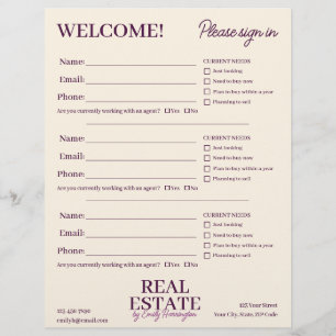 Modern Sign In Sheet Plum Real Estate Agent