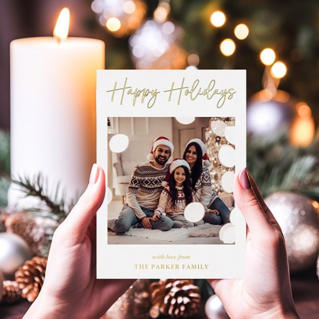 Modern Signature | Gold Foil Script Multi Photo (An elegant holiday card with gold foil script and five of your favorite photos)