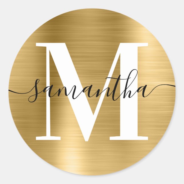Modern Signature Monogram Gold Foil Classic Round Sticker (Front)