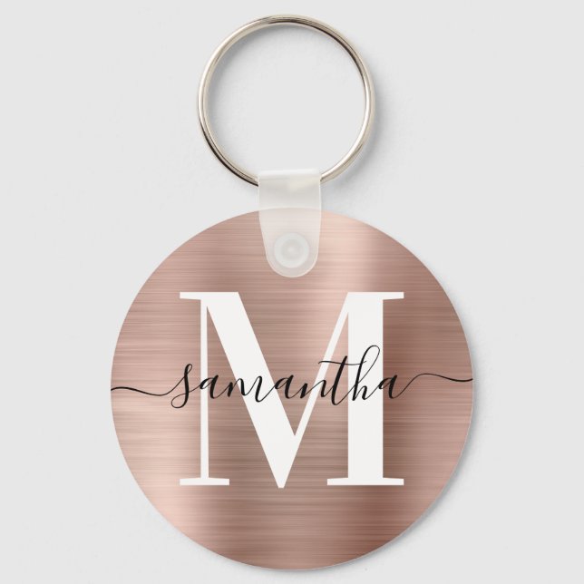 Modern Signature Monogram Rose Gold Foil Photo Key Ring (Front)