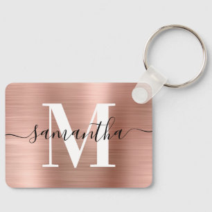 Modern Signature Monogram Rose Gold Foil Rectangle Key Ring
