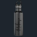 Modern Signature Name Black on Black Personalised 710 Ml Water Bottle<br><div class="desc">Unique understated personalised black-on-black monochrome water bottle with a simple custom trendy signature script monogram name you can edit to any fonts or colours to design a an elegant metal water bottle that looks great at the office or school in classic and chic black.</div>