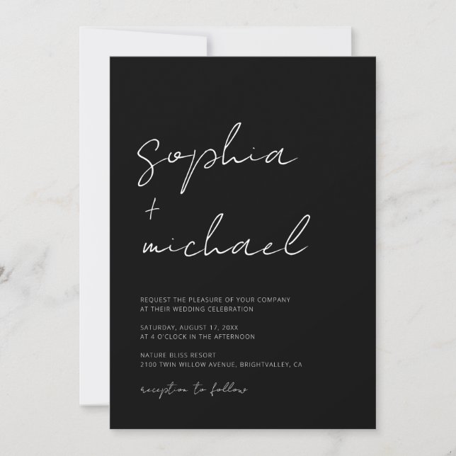 Modern Signature Script Black White Wedding Invitation (Front)