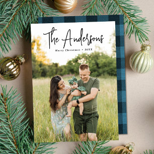 Modern Signature Script Blue Plaid Photo Holiday Card