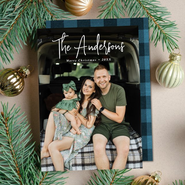Modern Signature Script Blue Plaid Photo Holiday Card (Creator Uploaded)
