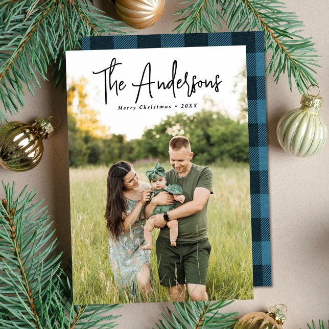 Modern Signature Script Blue Plaid Photo Holiday Card (Creator Uploaded)