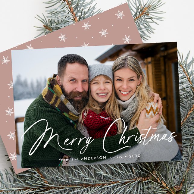 Modern Signature Script Christmas Dusty Rose Photo Holiday Card (Creator Uploaded)